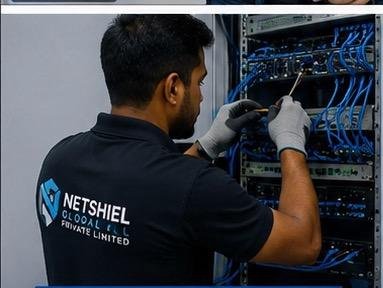 Technician terminating network cabling inside a server rack