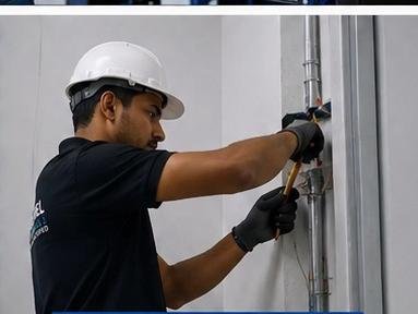 Technician installing power cabling on a wall