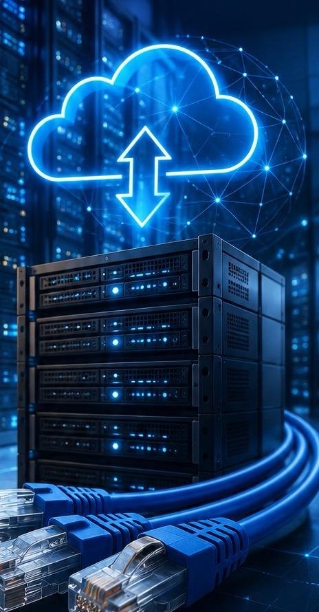 Server rack with glowing cloud icon and network cables