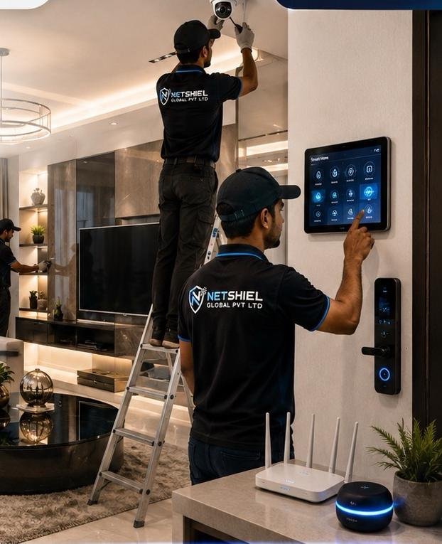 Netshiel technicians installing a smart home security camera and touch panel